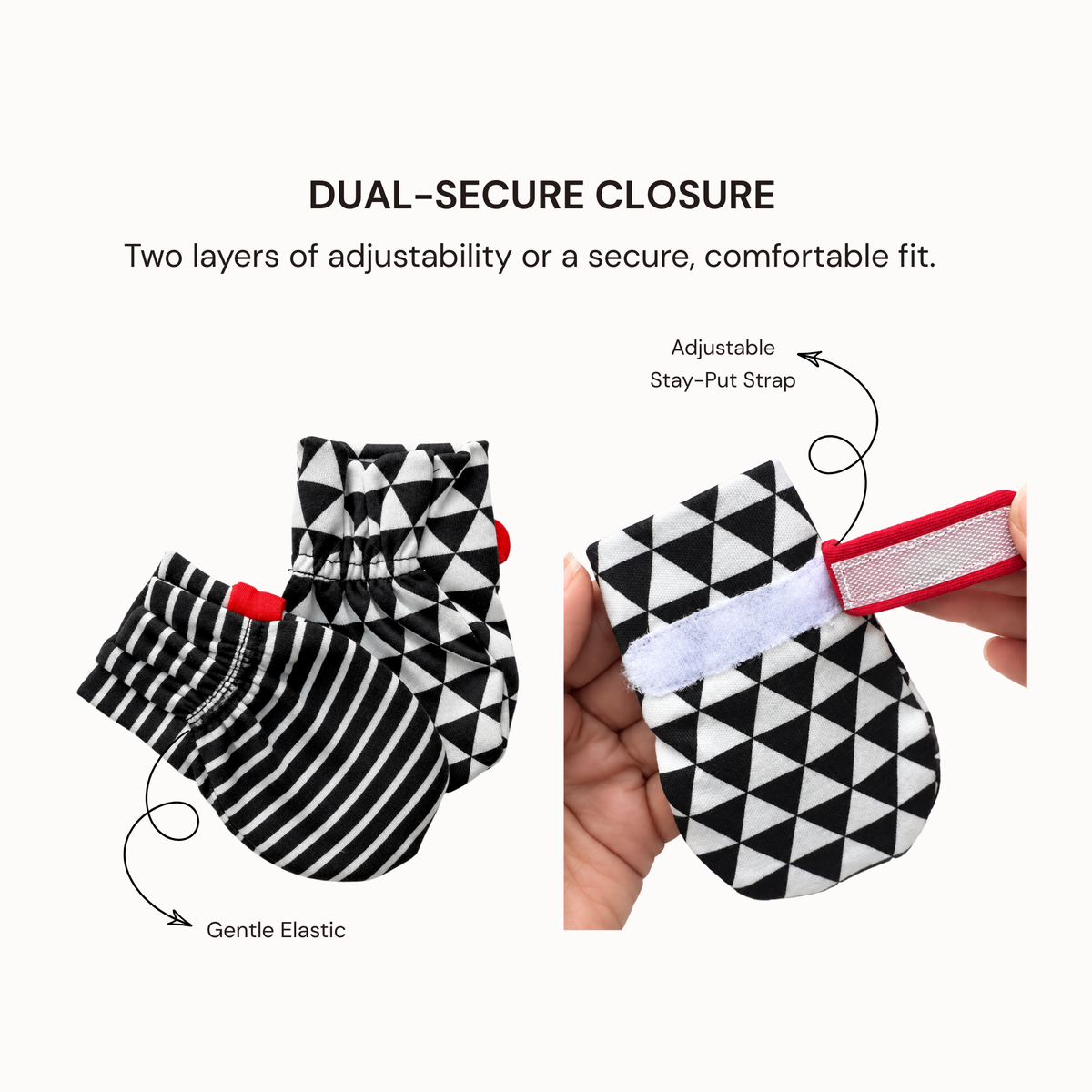 Close-up product diagram showing baby mittens with black-and-white geometric and striped fabric, labeled 'Gentle Elastic,' and a hand holding an adjustable stay-put strap to demonstrate closure, under the heading 'DUAL-SECURE CLOSURE.'.