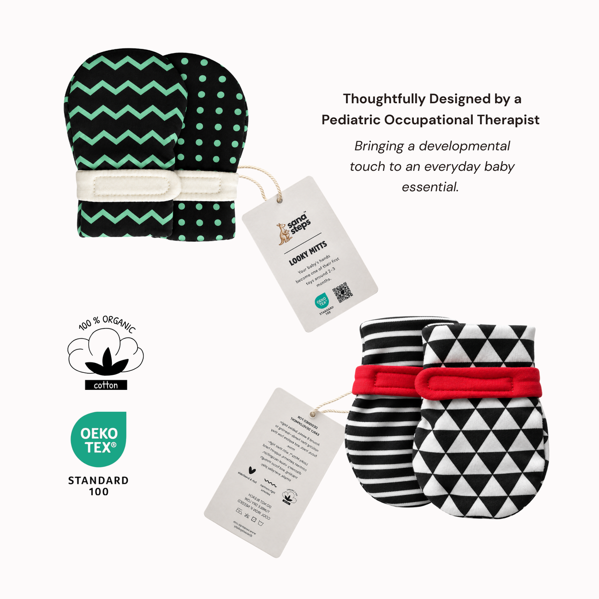 two pairs of baby mittens arranged on a light gray background. The top pair is black with mint green chevron and dot patterns; the middle pair is black with white stripes and a red cuff; the bottom pair is black with white triangles and a red cuff. 100% organic cotton newborn mittens.