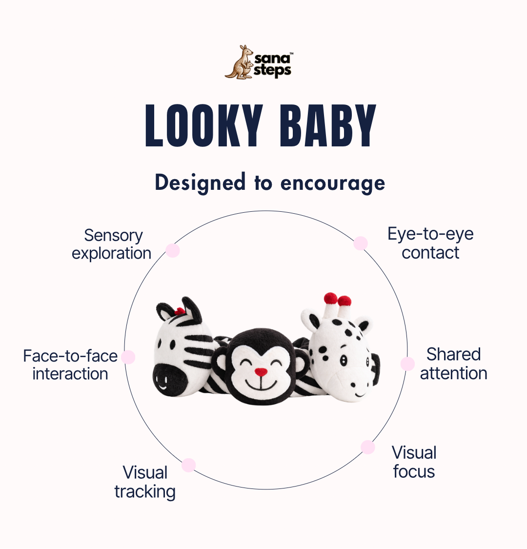 benefits and product advertisement for high contrast toy for newborn baby 