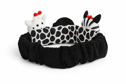 back view of high-contrast sensory headband showing corduroy band and plush patterned fabric