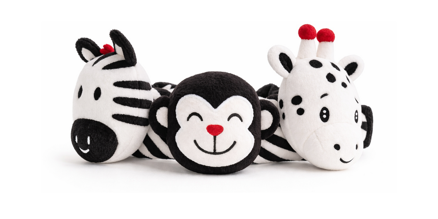 high contrast sensory headband toy for baby with giraffe monkey and zebra